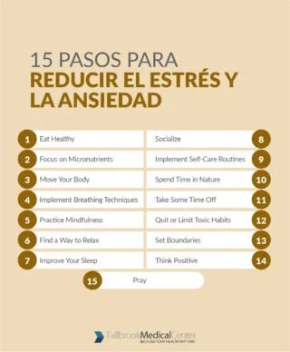 Infografía sobre pasos para reducir el estrés y la ansiedad.